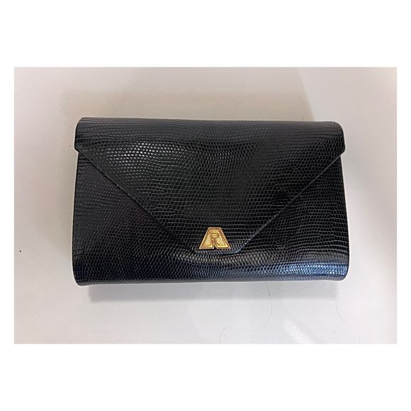 ALEXANDRE REZA Rare Vintage Black Lizard Clutch With Solid 18K Gold Logo - Picture 1 of 5